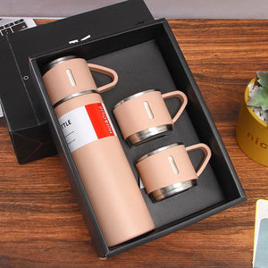 Gift Set 500ml Travel Water Bottles with 3 Mugs | Hot & Cold Thermos Flask Vacuum Insulation upto 8 hours